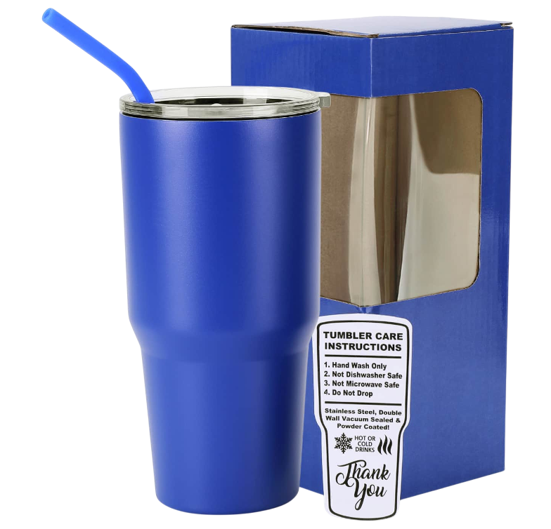 Blue tumbler with a straw and care instructions label, next to its packaging.