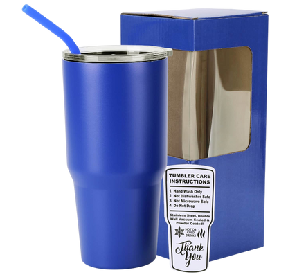 Blue tumbler with a straw and care instructions label, next to its packaging.