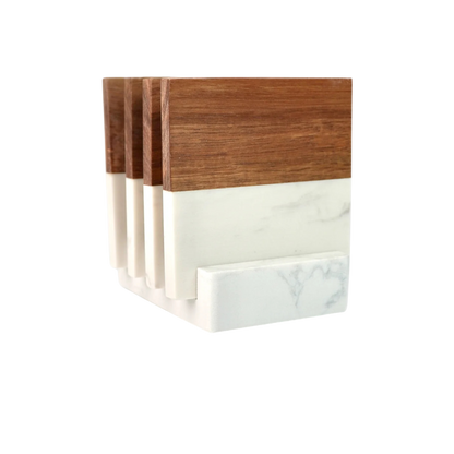 Marble & Acacia Coaster Set