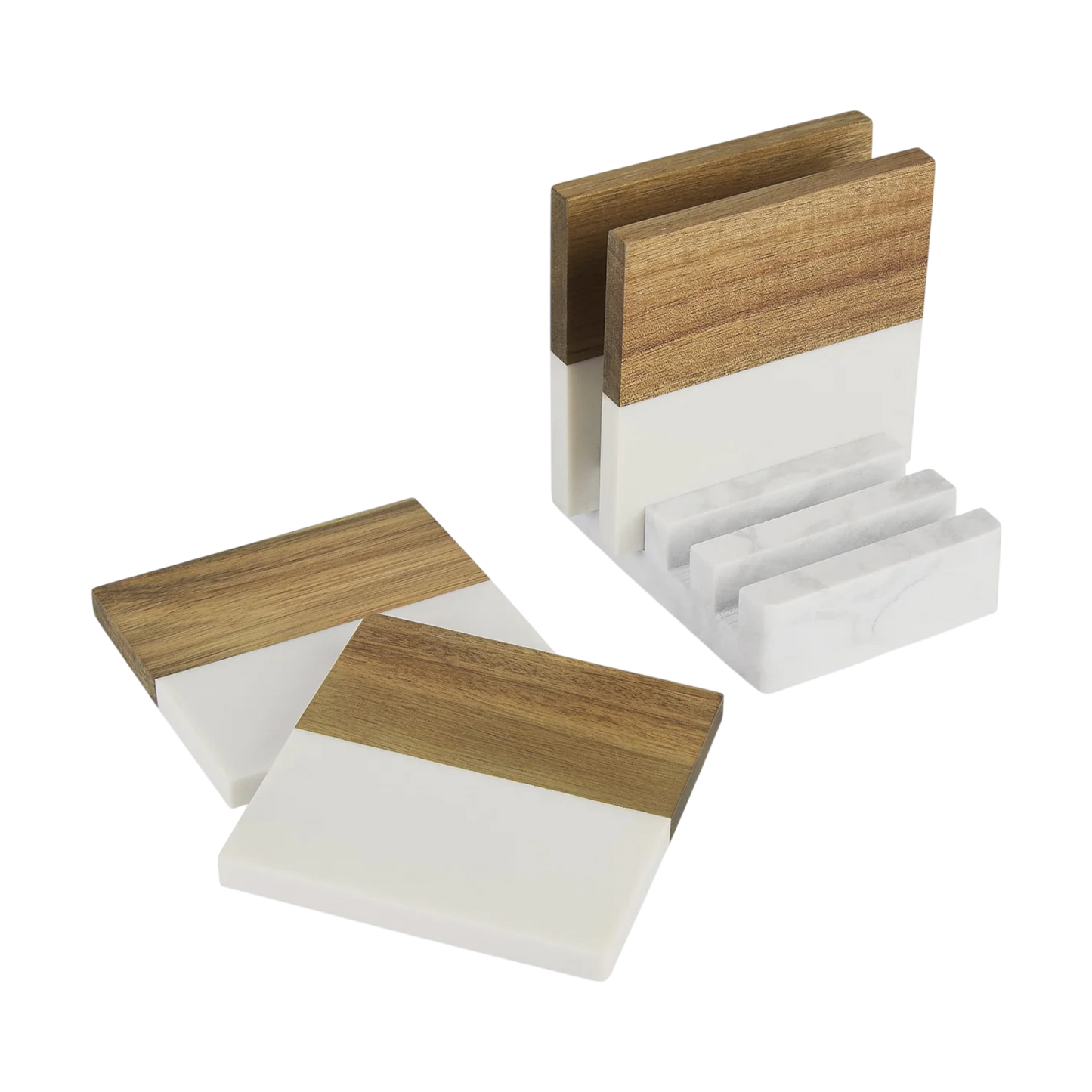 Marble & Acacia Coaster Set