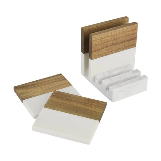 Marble & Acacia Coaster Set