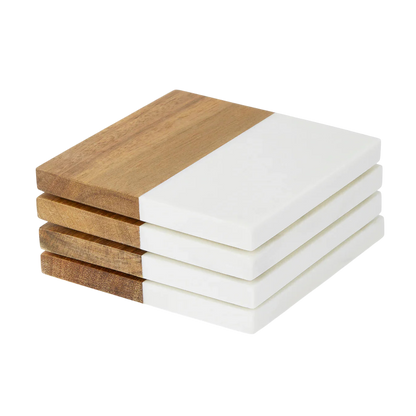 Marble & Acacia Coaster Set