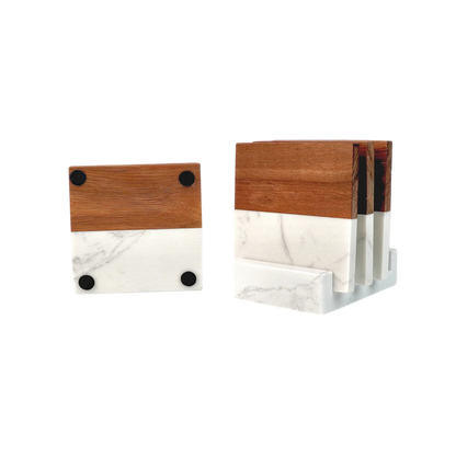 Marble & Acacia Coaster Set