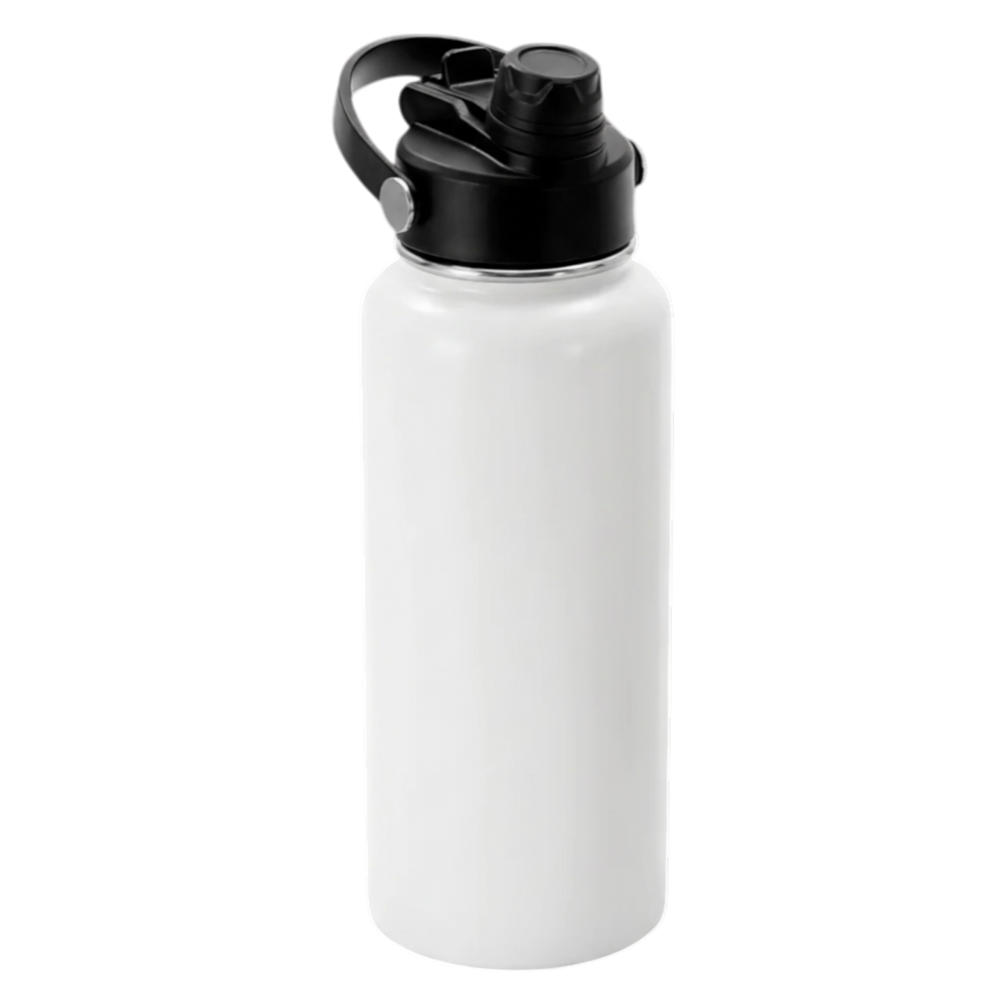 Precision Layers, Inc. 32 oz white stainless steel water bottle with black lid and straw, includes care instructions.
