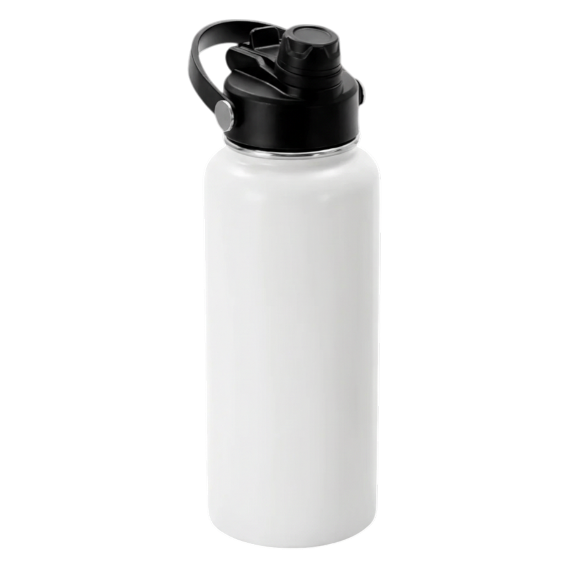 Precision Layers, Inc. 32 oz white stainless steel water bottle with black lid and straw, includes care instructions.