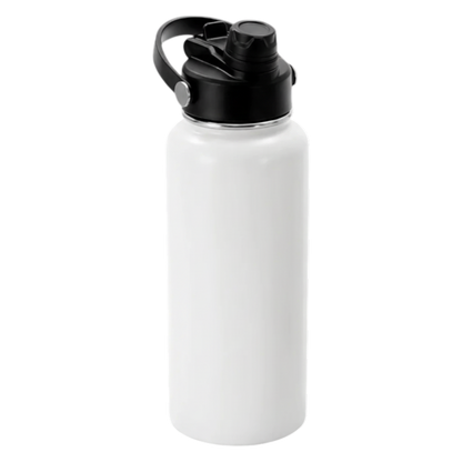 Precision Layers, Inc. 32 oz white stainless steel water bottle with black lid and straw, includes care instructions.