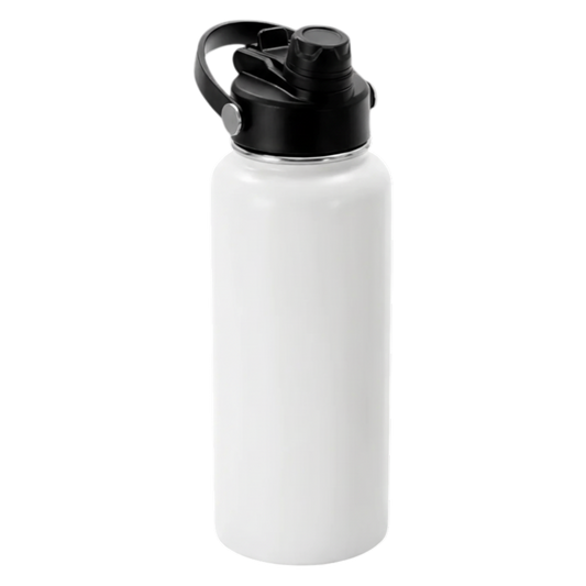 Precision Layers, Inc. 32 oz white stainless steel water bottle with black lid and straw, includes care instructions.