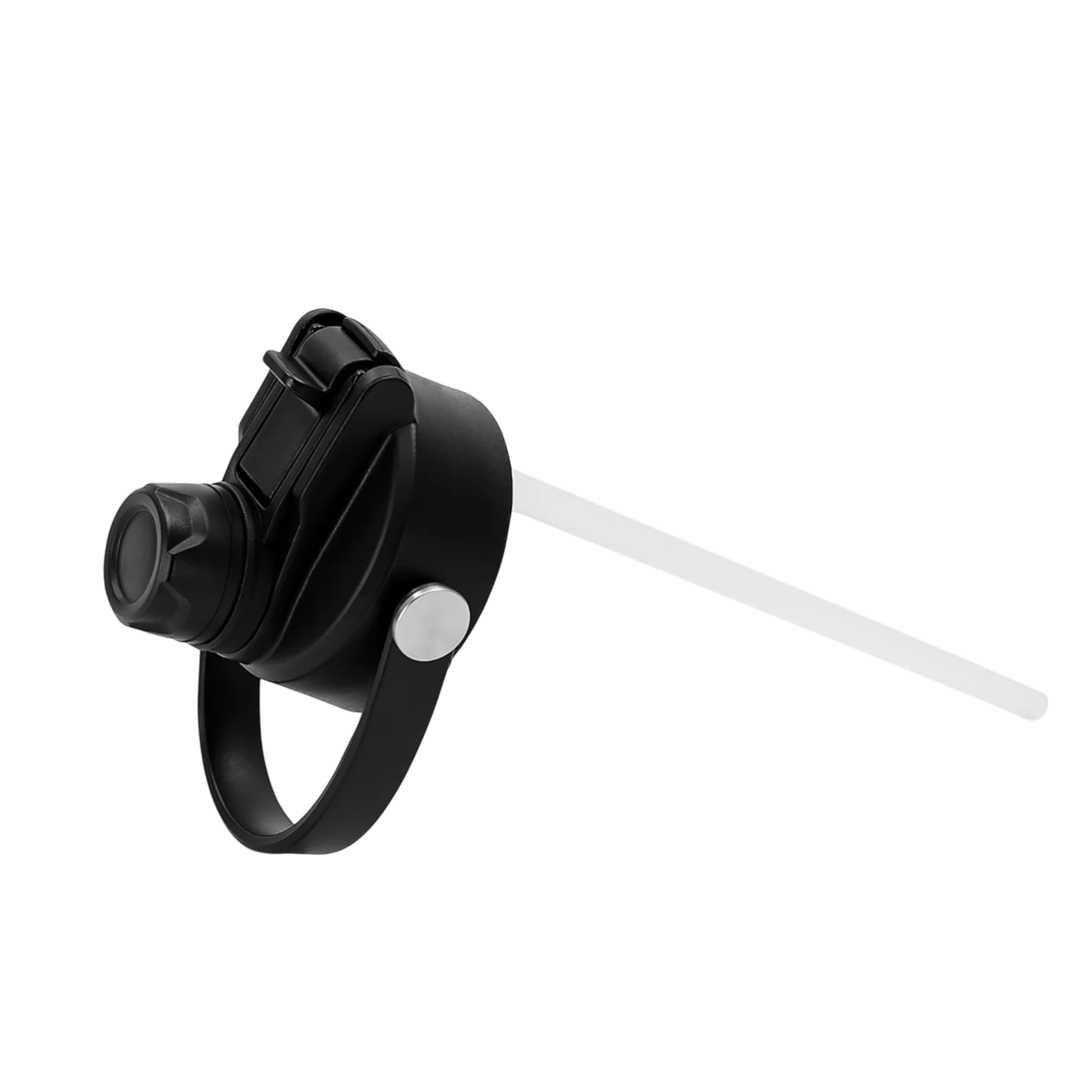 Precision Layers, Inc. black flip-top straw lid with carrying loop and metal accent for 32 oz Hydro Water Bottle.