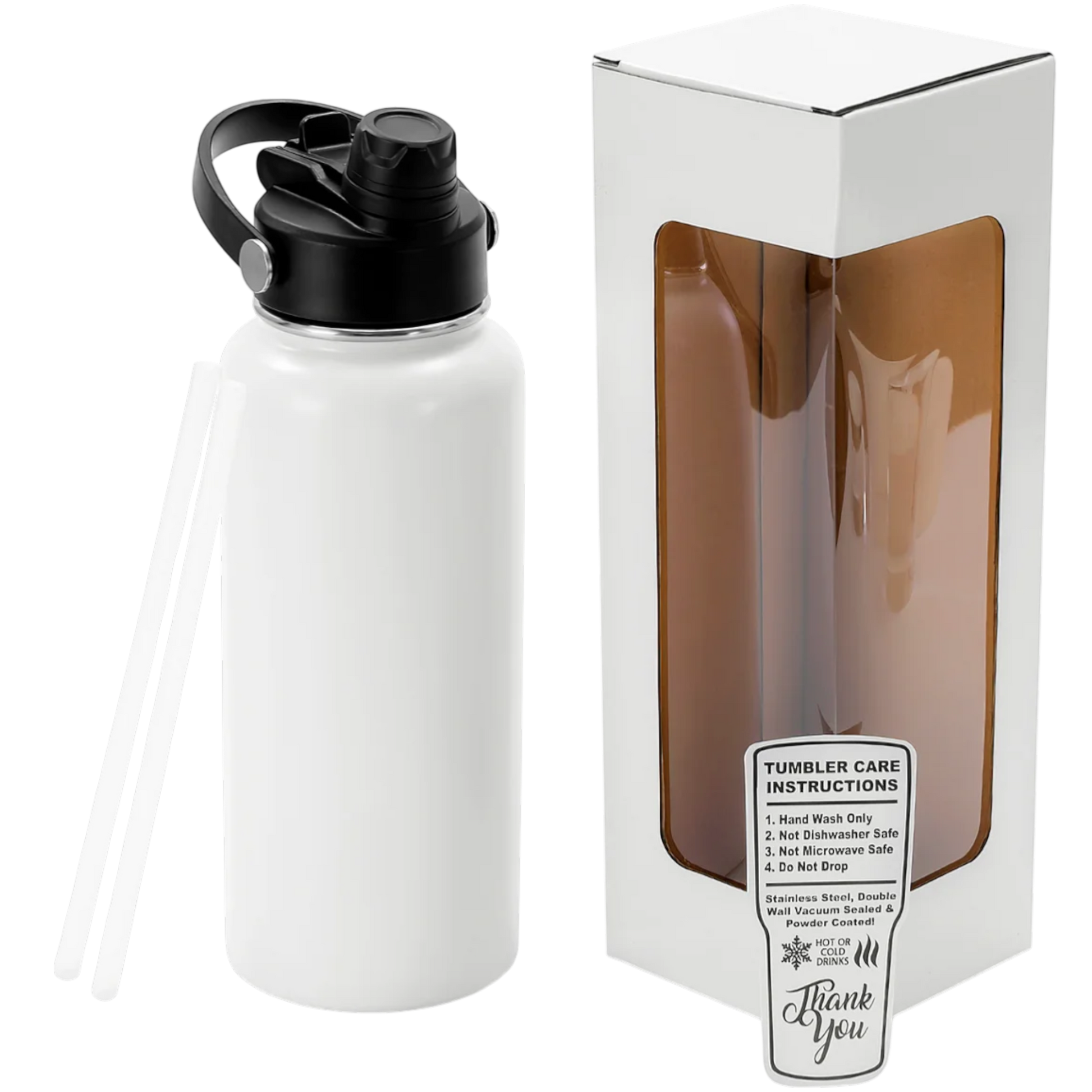 Precision Layers, Inc. white 32 oz stainless steel water bottle with black lid and straw, double wall vacuum sealed.