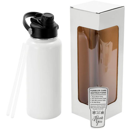 Precision Layers, Inc. white 32 oz stainless steel water bottle with black lid and straw, double wall vacuum sealed.